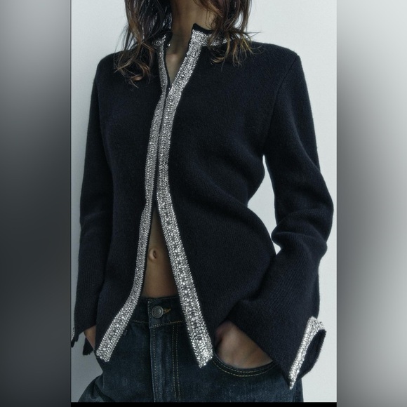 NWT Zara 100% Wool Elegant Black Jacket with Silver Accents - Picture 2 of 5